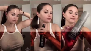Selena Gomez nua se preparando com uma blusa bem transparente